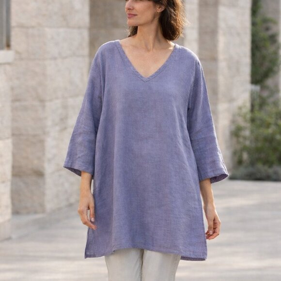 FLAX Linen Tunic Top Oversized Purple V-Neck L
